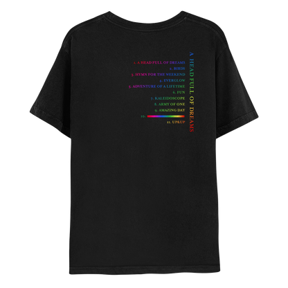 2: Track list on the back, in neon gradients: red, fuchsia, pink, lilac, purple, blue, green, yellow and orange. A HEAD FULL OF DREAMS, BIRDS, HYMN FOR THE WEEKEND, EVERGLOW, ADVENTURE OF A LIFETIME, FUN, KALEIDOSCOPE, ARMY OF ONE, AMAZING DAY, COLOUR SPECTRUM is a red, cyan, blue, green and yellow line, and UP&UP