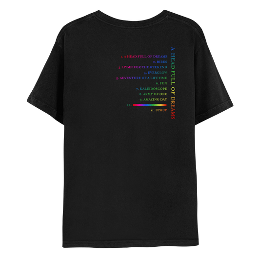 2: Track list on the back, in neon gradients: red, fuchsia, pink, lilac, purple, blue, green, yellow and orange. A HEAD FULL OF DREAMS, BIRDS, HYMN FOR THE WEEKEND, EVERGLOW, ADVENTURE OF A LIFETIME, FUN, KALEIDOSCOPE, ARMY OF ONE, AMAZING DAY, COLOUR SPECTRUM is a red, cyan, blue, green and yellow line, and UP&UP
