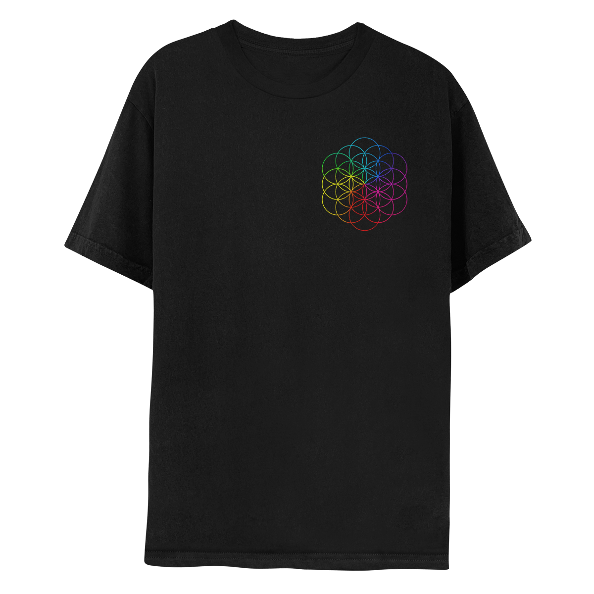 1: The front features the flower of life, made of intertwined neon circles as petals, in red, fuchsia, pink, lilac, purple, blue, green, yellow&orange. This color mix matches the theme of the album title, printed vertically on the back. The flower of life is on the chest’s left side. The shirt is black