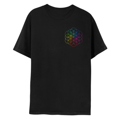 1: The front features the flower of life, made of intertwined neon circles as petals, in red, fuchsia, pink, lilac, purple, blue, green, yellow&orange. This color mix matches the theme of the album title, printed vertically on the back. The flower of life is on the chest’s left side. The shirt is black