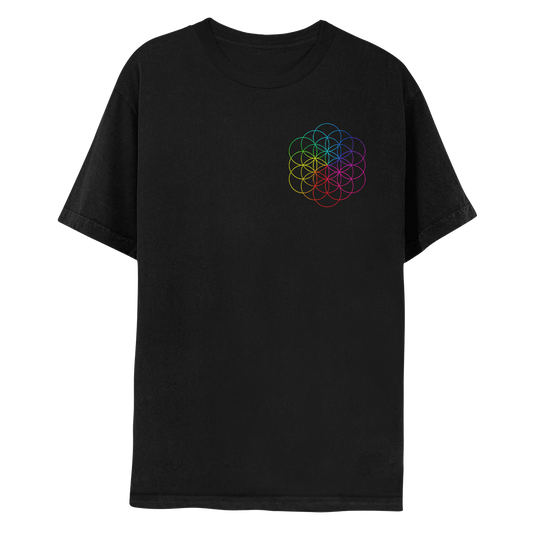 1: The front features the flower of life, made of intertwined neon circles as petals, in red, fuchsia, pink, lilac, purple, blue, green, yellow&orange. This color mix matches the theme of the album title, printed vertically on the back. The flower of life is on the chest’s left side. The shirt is black
