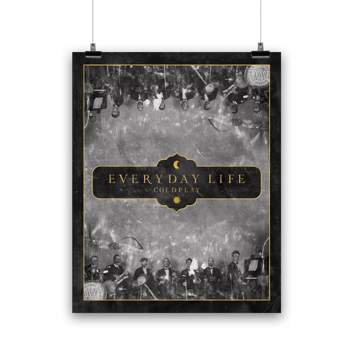 1: Vintage band photo, in black and white: Jonny plays a??Chris plays the cello, Guy plays a??Will plays an??Other musicians are on drums,??and piano. All members are smartly dressed, in elegant dark suits, white shirts, and bowTies. The formal attire gives the players a sophisticated, classic look. This is, in fact, a photograph of Jonny’s great-grandfather’s Band, taken in 1919, that Coldplay members have superimposed themselves into. The photo has a mirror effect, duplicated as if it was a reflection