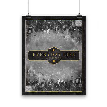 1: Vintage band photo, in black and white: Jonny plays a??Chris plays the cello, Guy plays a??Will plays an??Other musicians are on drums,??and piano. All members are smartly dressed, in elegant dark suits, white shirts, and bowTies. The formal attire gives the players a sophisticated, classic look. This is, in fact, a photograph of Jonny’s great-grandfather’s Band, taken in 1919, that Coldplay members have superimposed themselves into. The photo has a mirror effect, duplicated as if it was a reflection