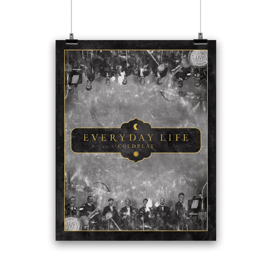 1: Vintage band photo, in black and white: Jonny plays a??Chris plays the cello, Guy plays a??Will plays an??Other musicians are on drums,??and piano. All members are smartly dressed, in elegant dark suits, white shirts, and bowTies. The formal attire gives the players a sophisticated, classic look. This is, in fact, a photograph of Jonny’s great-grandfather’s Band, taken in 1919, that Coldplay members have superimposed themselves into. The photo has a mirror effect, duplicated as if it was a reflection