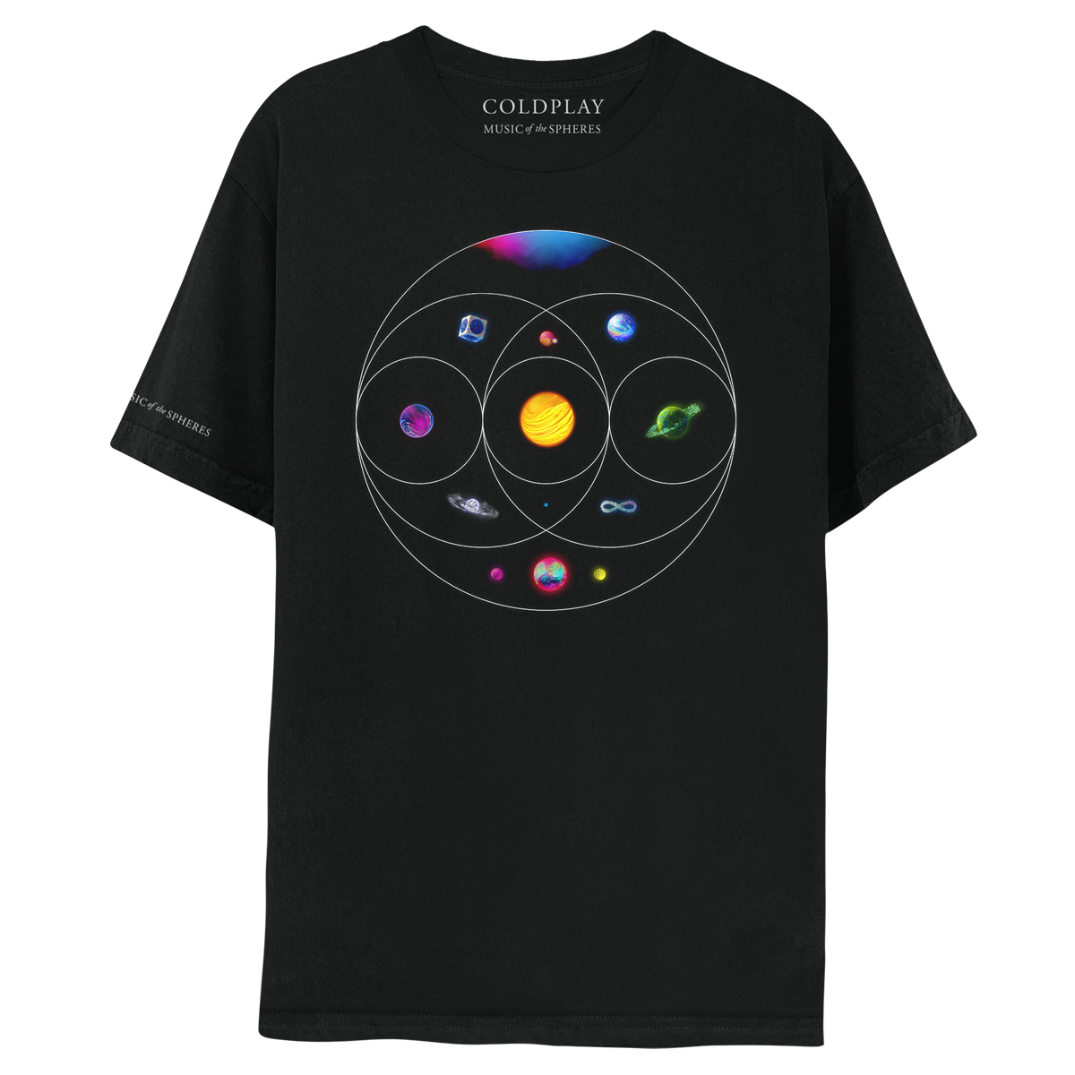 1: Front: 11 planets in circles overlap like a Venn Diagram: pink, blue, green&purple nebula. Green planet of flowers, turquoise rivers&foliage??golden sphere of solar flares&Orange lava. Planet of dark blue, magenta&white ocean waves. Blue circuit board planet in silver cube. One of purple&indigo swirls. One as a purple, blue&green??Blue&purple planet. Pink sphere with orange crater&green moon. Blue opal with??&pink, blue, purple&green planet with pink&yellow neon moons. Background fades from black to blue