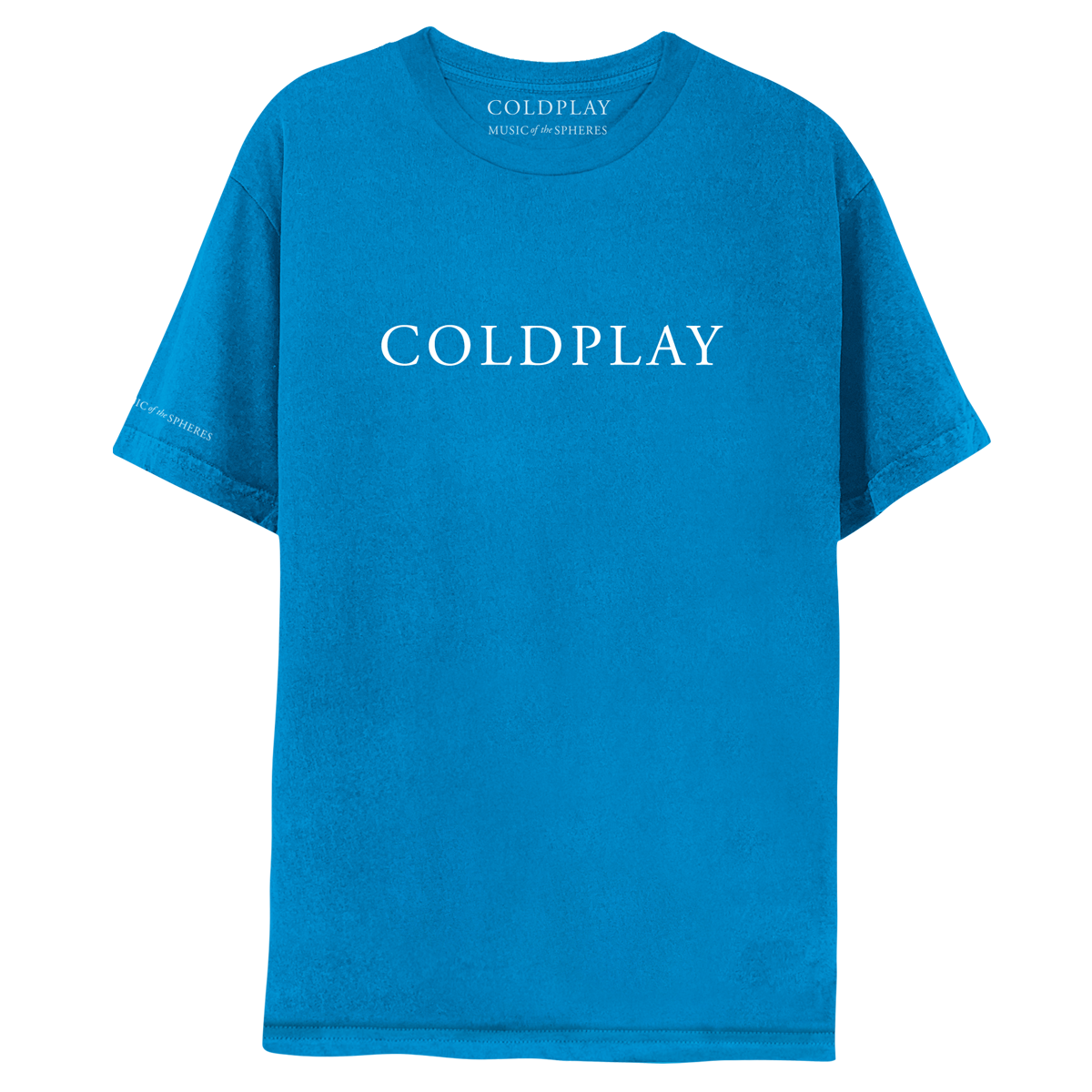 Front: COLDPLAY is printed in large, white font, across the chest of a blue T-shirt. MUSIC OF THE SPHERES is printed small on the right sleeve, near the hem. The inside label of the neckline also reads MUSIC OF THE SPHERES. The shade of blue of the shirt is a standard blue, not greenish, as you would expect from teal. The blue is slightly darker than the shade of the sapphire edition