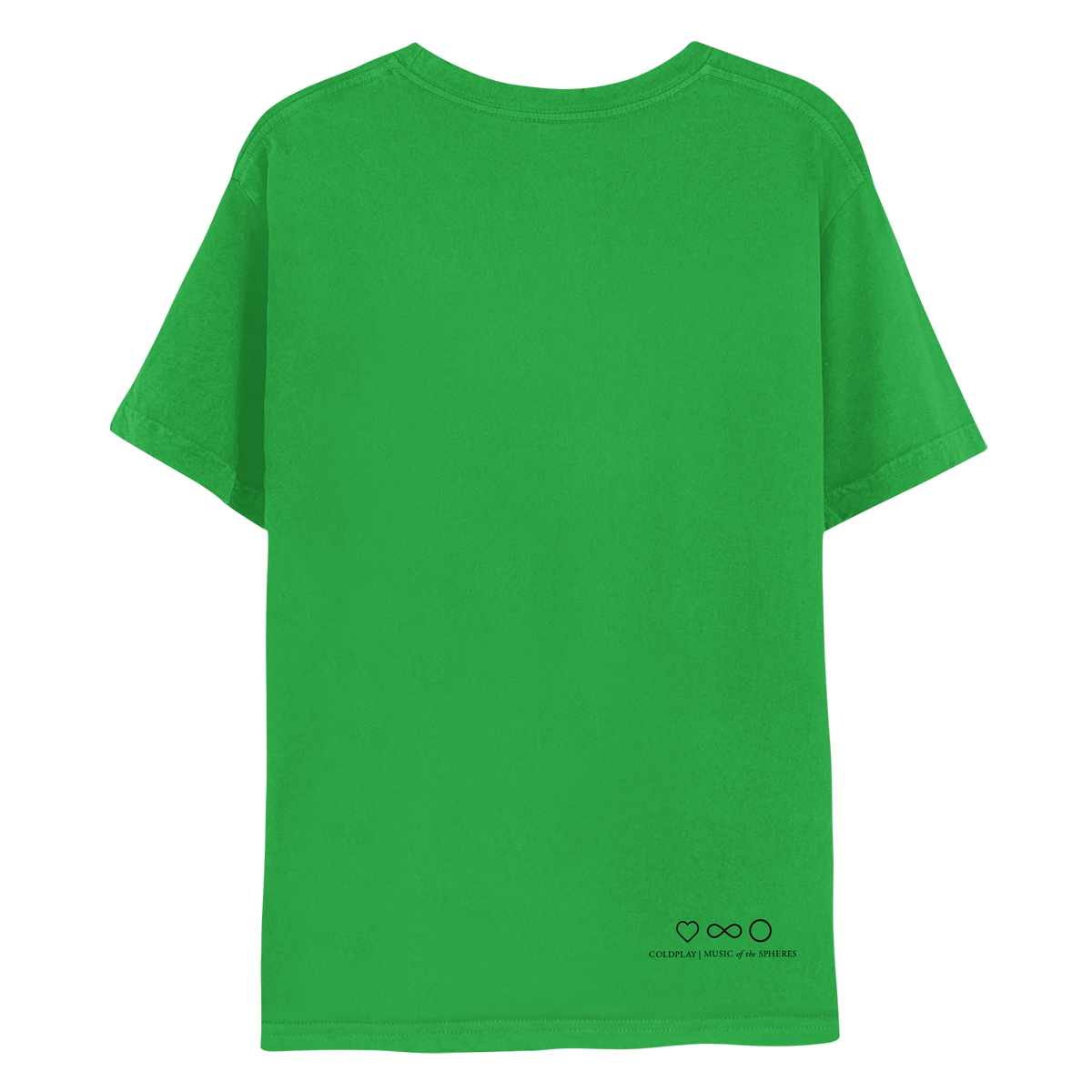 My Universe green tee, back: COLDPLAY, MUSIC OF THE SPHERES written in black, with black symbols: a heart, an infinity sign and a circle near the bottom right corner.