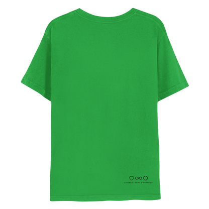 My Universe green tee, back: COLDPLAY, MUSIC OF THE SPHERES written in black, with black symbols: a heart, an infinity sign and a circle near the bottom right corner.