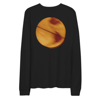 2: Back: a yellow globe like the earth, illuminated from within. The center is bright, flowing from gold and amber tones to darker shades towards the edge. It has reddish patches as continents, and horizontal lines running across as though the globe is spinning. Its background is composed of black and dark brown hues