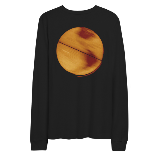 2: Back: a yellow globe like the earth, illuminated from within. The center is bright, flowing from gold and amber tones to darker shades towards the edge. It has reddish patches as continents, and horizontal lines running across as though the globe is spinning. Its background is composed of black and dark brown hues