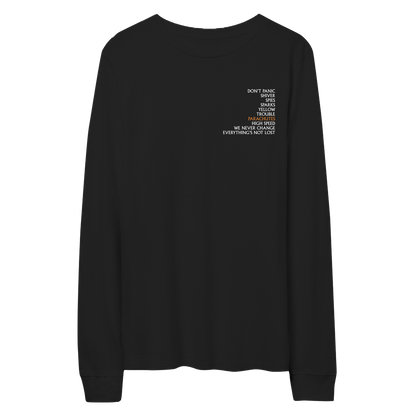 1: Front: features the album’s song titles in white, on the chest’s left side. The track list is DON'T PANIC, SHIVER, SPIES, SPARKS, YELLOW, TROUBLE, PARACHUTES (written in orange), HIGH SPEED, WE NEVER CHANGE, and EVERYTHING’S NOT LOST. The shirt is black