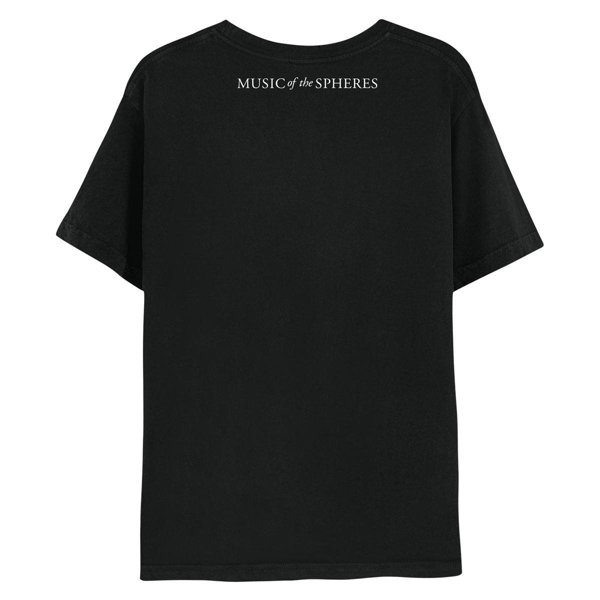 Back: MUSIC OF THE SPHERES is printed in white near the top, just below the neckline. The letters of the words “MUSIC” and “SPHERES” are larger and more spaced apart; the words “of the”, are smaller, written in italics