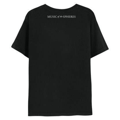 Back: MUSIC OF THE SPHERES is printed in white near the top, just below the neckline. The letters of the words “MUSIC” and “SPHERES” are larger and more spaced apart; the words “of the”, are smaller, written in italics