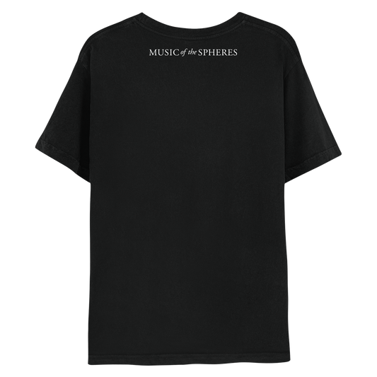 Back: MUSIC OF THE SPHERES is printed in white near the top, just below the neckline. The letters of the words “MUSIC” and “SPHERES” are larger and more spaced apart; the words “of the”, are smaller, written in italics