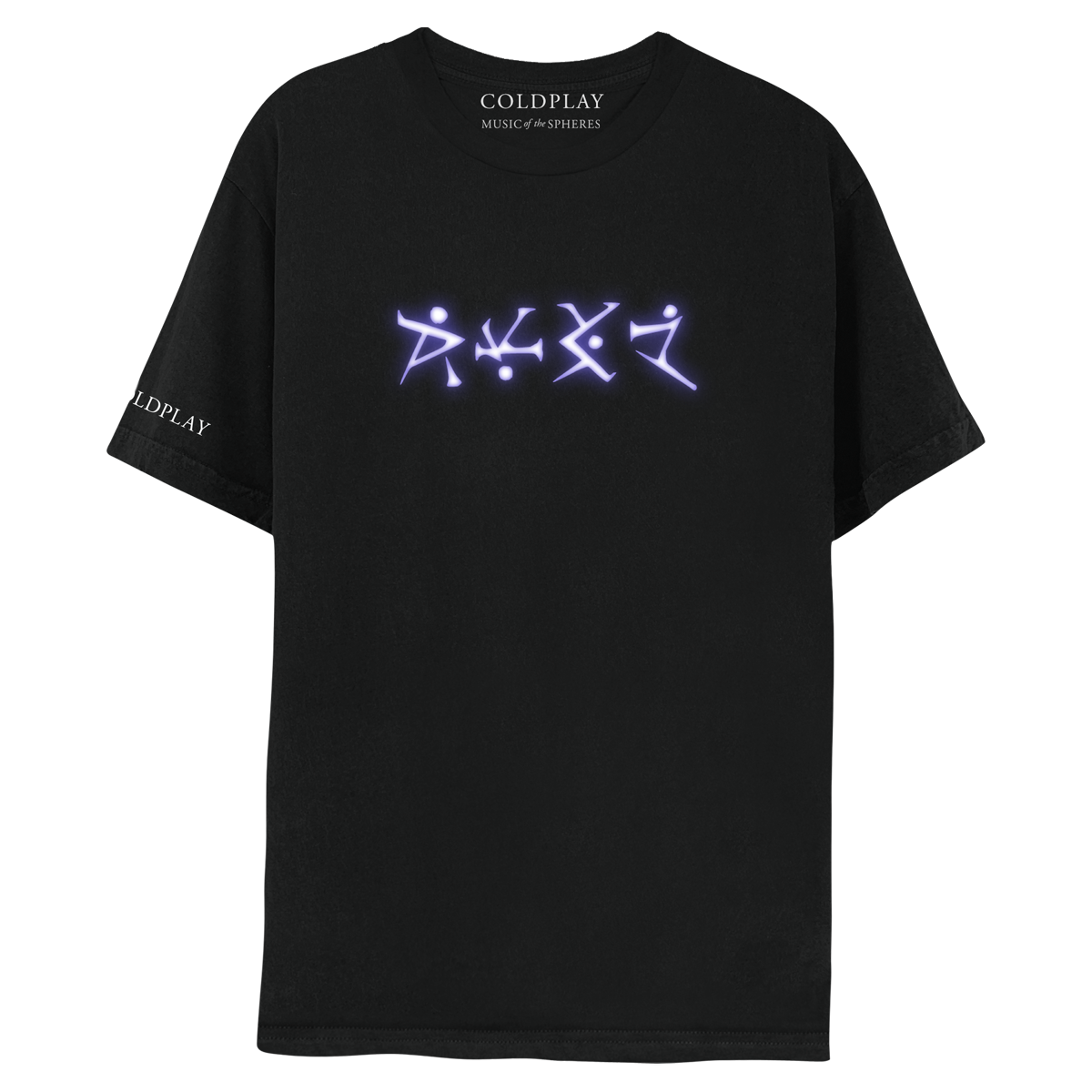 Front: LOVE isPrintedOnTheChest, inTheGlowingWhiteLanguageOf Voltik, spokenInThe electricStormsPlanetOfUltra. TheLettersHaveDots, sometimesAbove, below, orMidTrace, withAngularShapes, andLinesLikeSticks. SometimesGoingUp, sometimesDiagonally, sometimesCrashing perpendicularlyAgainstEach other;1letterLooksLike a P, butThe|isDiagonalInsteadOfStraight, with aDot;1isLikeAn I with aDiagonalLineMeetingIt. AnotherIsAnOpenTriangle with aDot;1resembles aDotted Z;COLDPLAY written on the rightSleeve in white