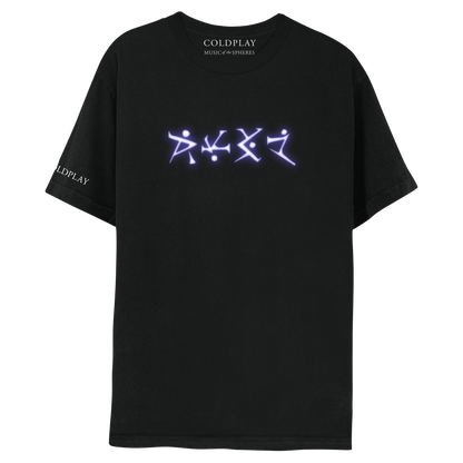 Front: LOVE isPrintedOnTheChest, inTheGlowingWhiteLanguageOf Voltik, spokenInThe electricStormsPlanetOfUltra. TheLettersHaveDots, sometimesAbove, below, orMidTrace, withAngularShapes, andLinesLikeSticks. SometimesGoingUp, sometimesDiagonally, sometimesCrashing perpendicularlyAgainstEach other;1letterLooksLike a P, butThe|isDiagonalInsteadOfStraight, with aDot;1isLikeAn I with aDiagonalLineMeetingIt. AnotherIsAnOpenTriangle with aDot;1resembles aDotted Z;COLDPLAY written on the rightSleeve in white