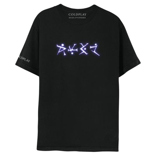 Front: LOVE isPrintedOnTheChest, inTheGlowingWhiteLanguageOf Voltik, spokenInThe electricStormsPlanetOfUltra. TheLettersHaveDots, sometimesAbove, below, orMidTrace, withAngularShapes, andLinesLikeSticks. SometimesGoingUp, sometimesDiagonally, sometimesCrashing perpendicularlyAgainstEach other;1letterLooksLike a P, butThe|isDiagonalInsteadOfStraight, with aDot;1isLikeAn I with aDiagonalLineMeetingIt. AnotherIsAnOpenTriangle with aDot;1resembles aDotted Z;COLDPLAY written on the rightSleeve in white