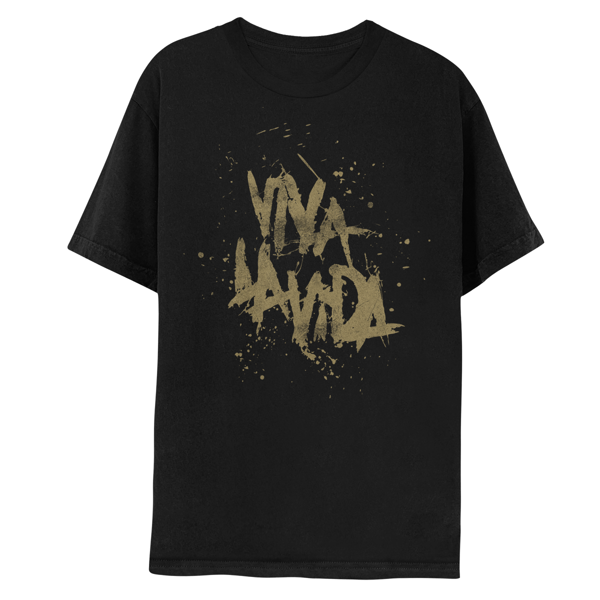 1: Front: VIVA LA VIDA written in gold, expressive brushstrokes with splatters and drips around the edges. The letters are thick, slightly uneven and spontaneous, as if the artist is expressing emotion or making a statement with each stroke, not focused on perfection or detail. The shirt is black