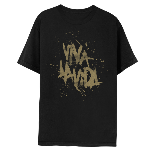 1: Front: VIVA LA VIDA written in gold, expressive brushstrokes with splatters and drips around the edges. The letters are thick, slightly uneven and spontaneous, as if the artist is expressing emotion or making a statement with each stroke, not focused on perfection or detail. The shirt is black