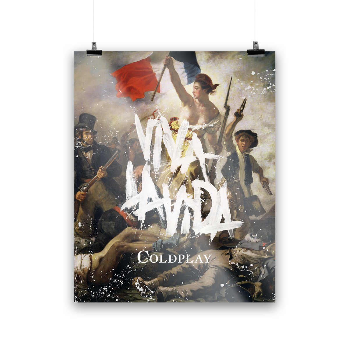 Image 1:
A confident woman personifying liberty leads a crowd of revolutionaries, holding a French flag and a musket. Lifeless people lie on the floor. VIVA LA VIDA is splashed in white on the painting, in thick, expressive, spontaneous brushstrokes, with splatters and drips around the edges, as if the artist is expressing emotion or making a statement with each stroke, not focused on perfection or detail. COLDPLAY is written in clean, white font