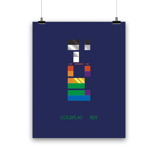 Image 1:
Multicolored blocks, like a puzzle of domino pieces, signify binary code. A square means 1; a gap means 0. When decoded, it reads X&Y. Below, X&Y and Coldplay are written in bright green. Colors of the blocks include Black, gray, red, orange, green, white, blue, yellow and violet, on a dark blue background