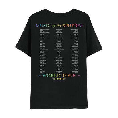 Back: MUSIC OF THE SPHERES and 2025 tour dates, cities and stadiums, in a neon colors gradient of violet, blue, green, yellow, orange, and pink fuchsia. WORLD TOUR 2025, in violet, blue, green, yellow, orange, and pink fuchsia. The dates go from January to September, organized in 3 columns