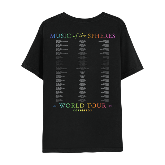 Back: MUSIC OF THE SPHERES and 2025 tour dates, cities and stadiums, in a neon colors gradient of violet, blue, green, yellow, orange, and pink fuchsia. WORLD TOUR 2025, in violet, blue, green, yellow, orange, and pink fuchsia. The dates go from January to September, organized in 3 columns