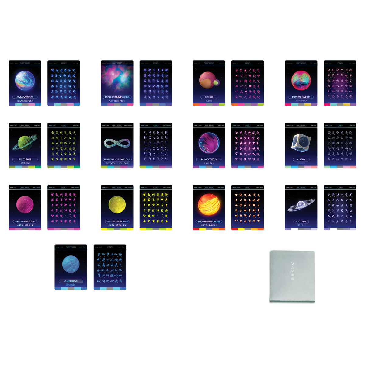 2: Set of 13 cards, 1sphere each, display each planet image, name&alphabet. Names: Coloratura, nebula. kubik, cube. Echo, pink planet&orange crater. Calypso, blue&purple. Kaotica, ocean waves. Supersolis, Golden like sun with lava. Floris, flowers, rivers.&foliage??Ultra, indigoSwirls. Aurora, opal. InfinityStation??Epiphane, with neon moons. Neon moon I pink. Neon moon 2 yellow. Planets have been described in detail on previous image, and on physical album editions pages