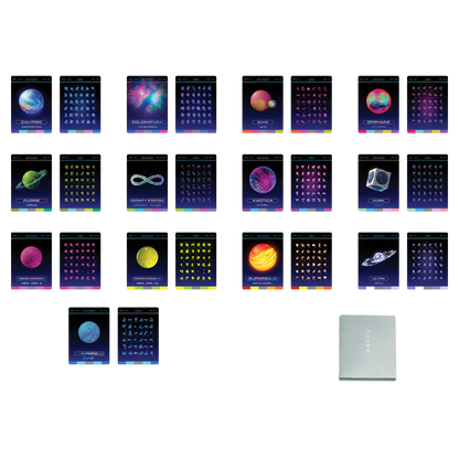 2: Set of 13 cards, 1sphere each, display each planet image, name&alphabet. Names: Coloratura, nebula. kubik, cube. Echo, pink planet&orange crater. Calypso, blue&purple. Kaotica, ocean waves. Supersolis, Golden like sun with lava. Floris, flowers, rivers.&foliage??Ultra, indigoSwirls. Aurora, opal. InfinityStation??Epiphane, with neon moons. Neon moon I pink. Neon moon 2 yellow. Planets have been described in detail on previous image, and on physical album editions pages