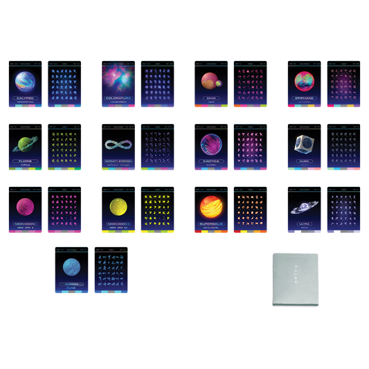 2: Set of 13 cards, 1sphere each, display each planet image, name&alphabet. Names: Coloratura, nebula. kubik, cube. Echo, pink planet&orange crater. Calypso, blue&purple. Kaotica, ocean waves. Supersolis, Golden like sun with lava. Floris, flowers, rivers.&foliage??Ultra, indigoSwirls. Aurora, opal. InfinityStation??Epiphane, with neon moons. Neon moon I pink. Neon moon 2 yellow. Planets have been described in detail on previous image, and on physical album editions pages