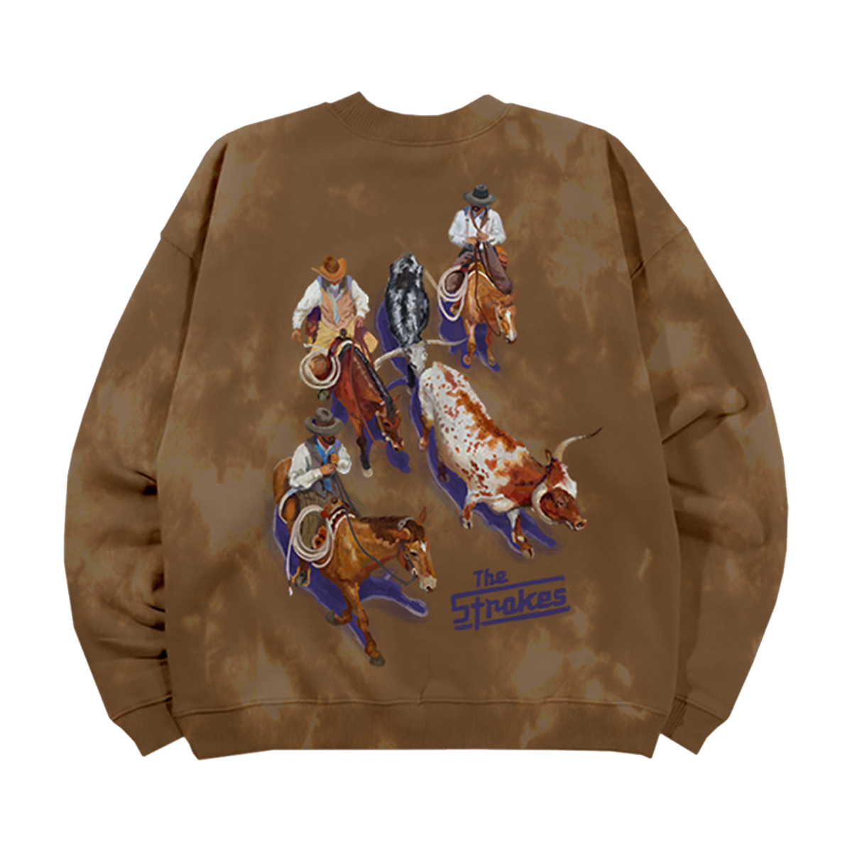 The Back of a Brown Tie-Dye  Crewneck featuring a western cattle drive scene graphic with a Blue The Strokes Logo. 