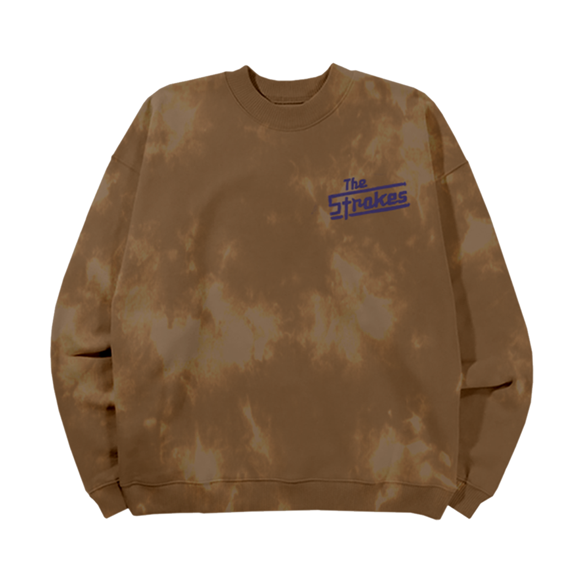 The Front of a Brown Tie-Dye  Crewneck featuring a classic logo pocket The Stokes Blue Logo 