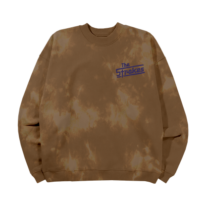 The Front of a Brown Tie-Dye  Crewneck featuring a classic logo pocket The Stokes Blue Logo 