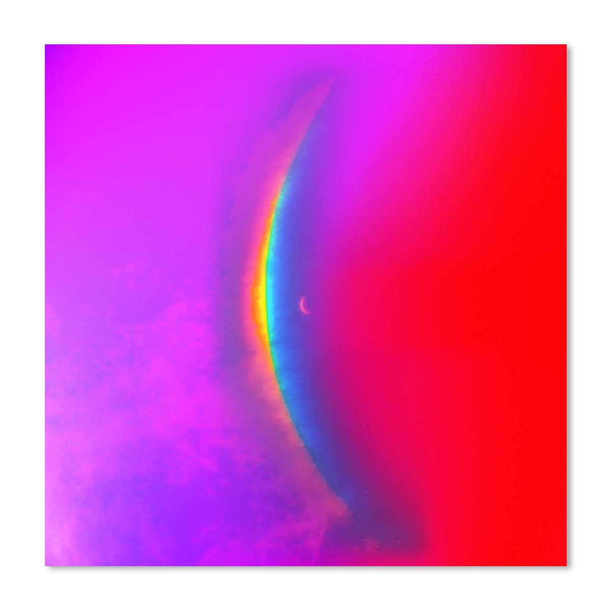 The poster features a crescent moon in the center with a large, arced rainbow light dispersion to the left. The colors created by the light dispersion flow from red to orange, yellow, green, light and dark blue. In contrast to the standard edition, which has a blue sky filled with stars, on the Full Moon edition, the design stands out on a rich background of red, purple and lilac hues that smoothly shift through darker and lighter shades, making a seamless gradient.