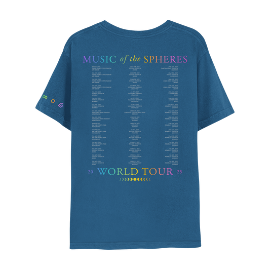 Back: MUSIC OF THE SPHERES printed across the shoulders in a gradient of purple, light blue, green, yellow, orange, pink and fuchsia, above dates and cities in gray. On the low back, an 11-phase lunar cycle is shown in shades of green, yellow and orange, from new moon to full moon in the center and back, below the dates and WORLD TOUR 2025 in a matching gradient.