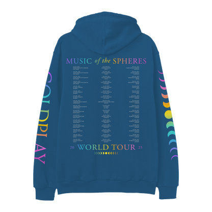 Back: MUSIC OF THE SPHERES printed across the shoulders in a gradient of purple, light blue, green, yellow, orange, pink and fuchsia, above dates and cities in gray. On the low back, an 11-phase lunar cycle is shown in shades of green, yellow and orange, from new moon to full moon in the center and back, below the dates and WORLD TOUR 2025 in a matching gradient.