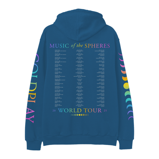 Back: MUSIC OF THE SPHERES printed across the shoulders in a gradient of purple, light blue, green, yellow, orange, pink and fuchsia, above dates and cities in gray. On the low back, an 11-phase lunar cycle is shown in shades of green, yellow and orange, from new moon to full moon in the center and back, below the dates and WORLD TOUR 2025 in a matching gradient.