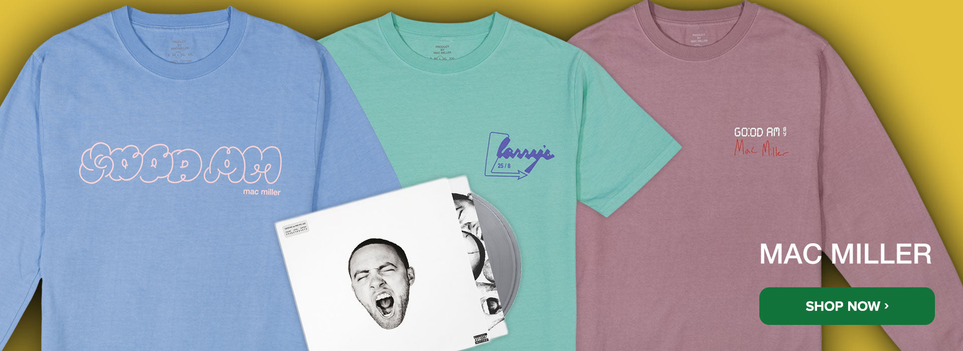 Three Mac Miller T-shirts and a vinyl showcasing the Mac Miller Artist Category 