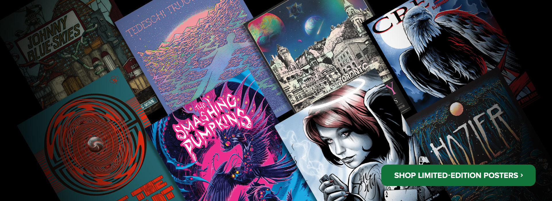 Collection of limited edition posters with various designs.