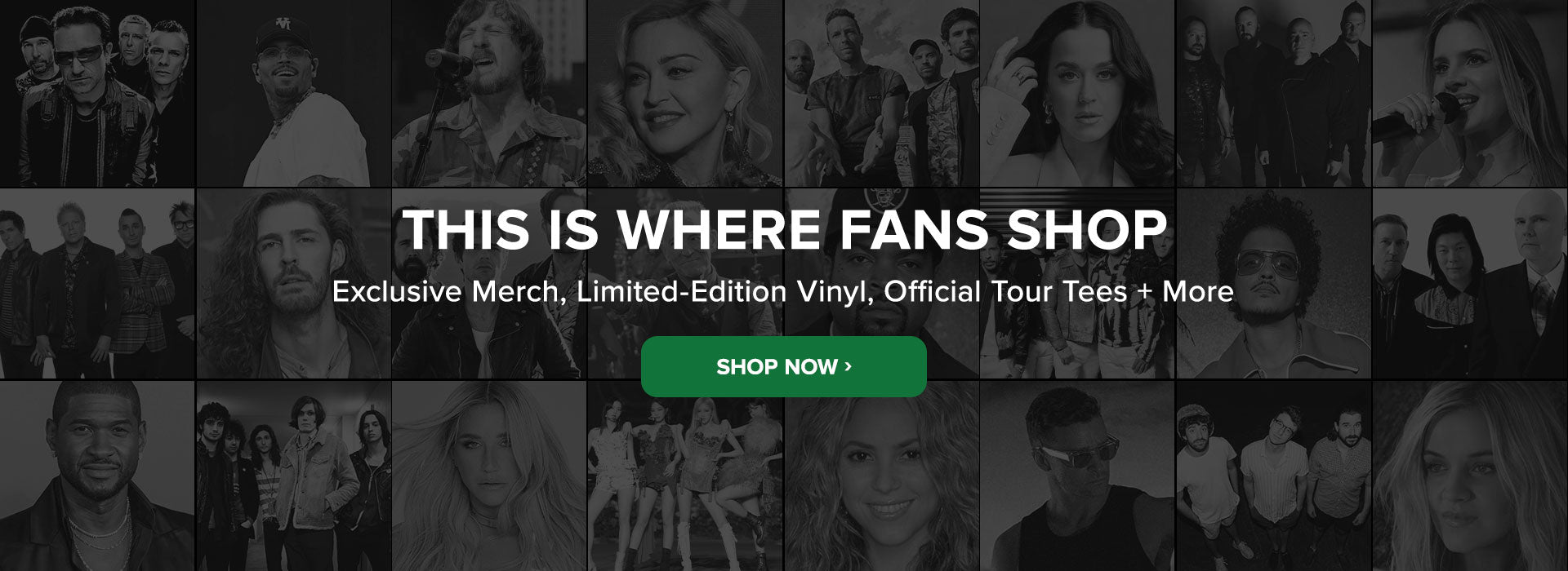 Promotional banner for the merch traffic store with artist photos in the back ground and text about exclusive merchandise.