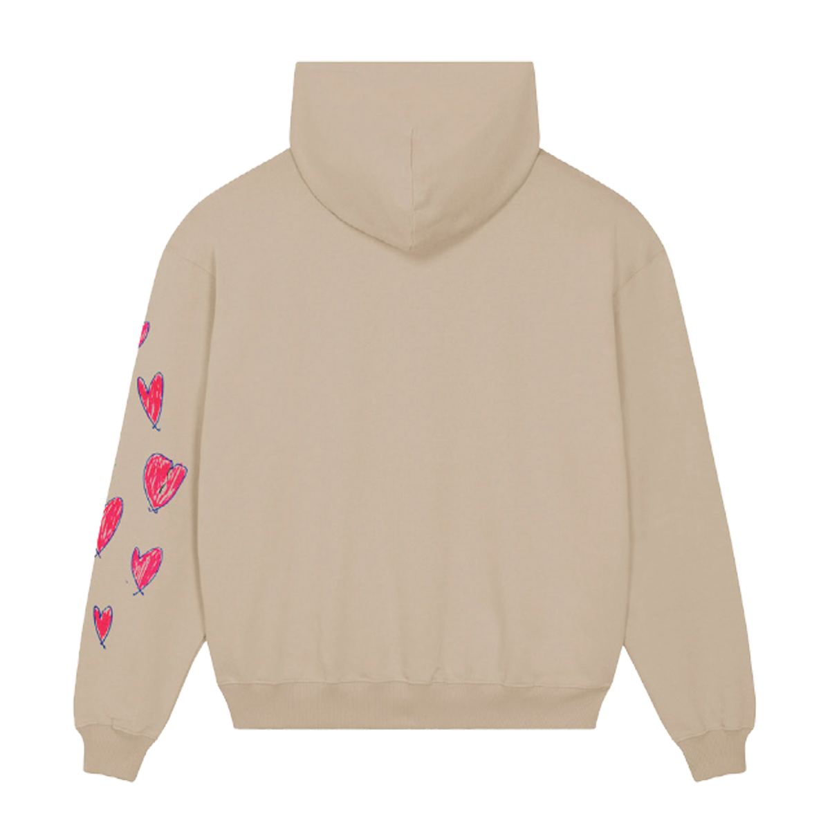 Back: This view shows the solid light beige fabric of the hoodie, and the pink fuchsia hearts outlined in purple on the left sleeve. We can also see its hood.