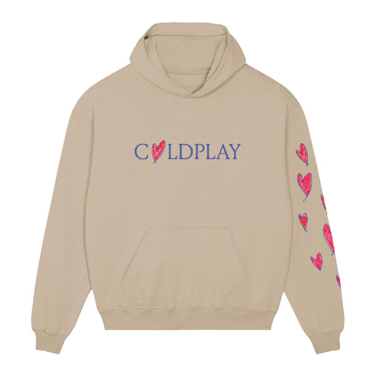 Front: Light beige hoodie. COLDPLAY is printed across the chest in purple, with a hand-drawn heart making the letter O; The heart’s outline is purple, filled in with pink fuchsia. Chris’s hand-drawn hearts run vertically down the left sleeve. All hearts are pink fuchsia, but outlined in purple. They’re different sizes, some thicker, some thinner, some slightly tilted, creating a playful pattern. The hoodie has a large front pocket.