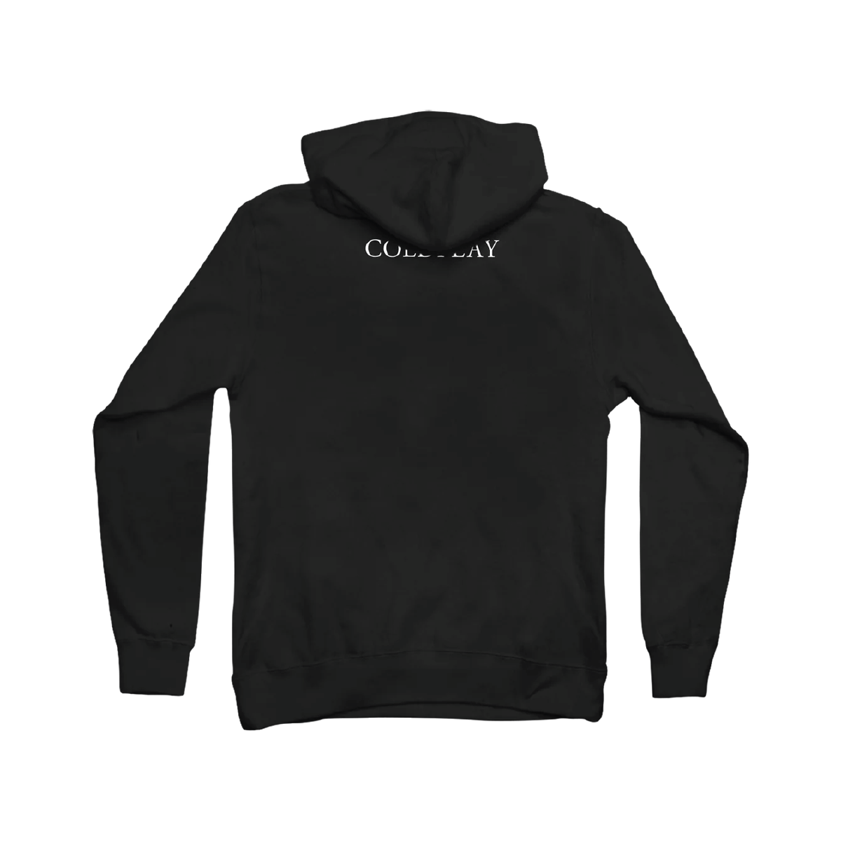 Back: COLDPLAY is printed in white, centered under the neckline. The hoodie is black with long sleeves. On the right sleeve, MUSIC OF THE SPHERES is written in large, white letters, from below the shoulder, to near the wrist. On this image, the hood partially covers the word COLDPLAY