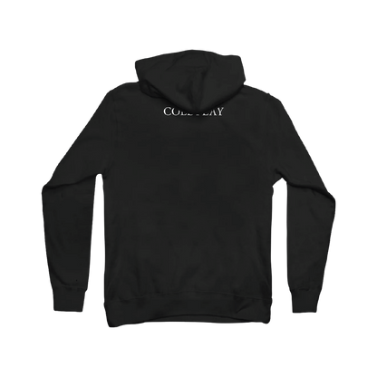 Back: COLDPLAY is printed in white, centered under the neckline. The hoodie is black with long sleeves. On the right sleeve, MUSIC OF THE SPHERES is written in large, white letters, from below the shoulder, to near the wrist. On this image, the hood partially covers the word COLDPLAY