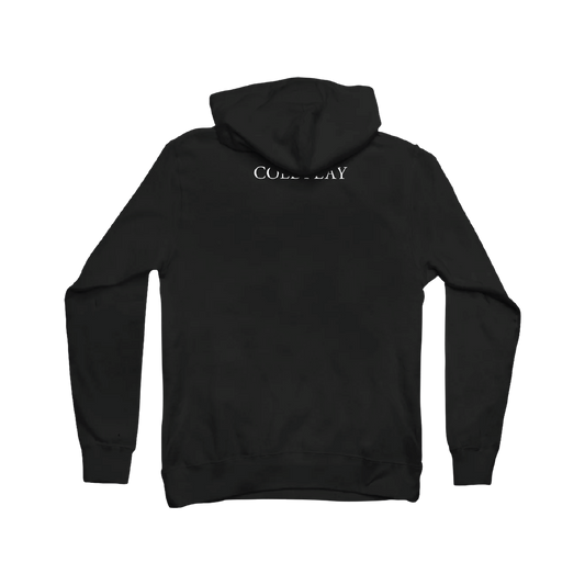 Back: COLDPLAY is printed in white, centered under the neckline. The hoodie is black with long sleeves. On the right sleeve, MUSIC OF THE SPHERES is written in large, white letters, from below the shoulder, to near the wrist. On this image, the hood partially covers the word COLDPLAY