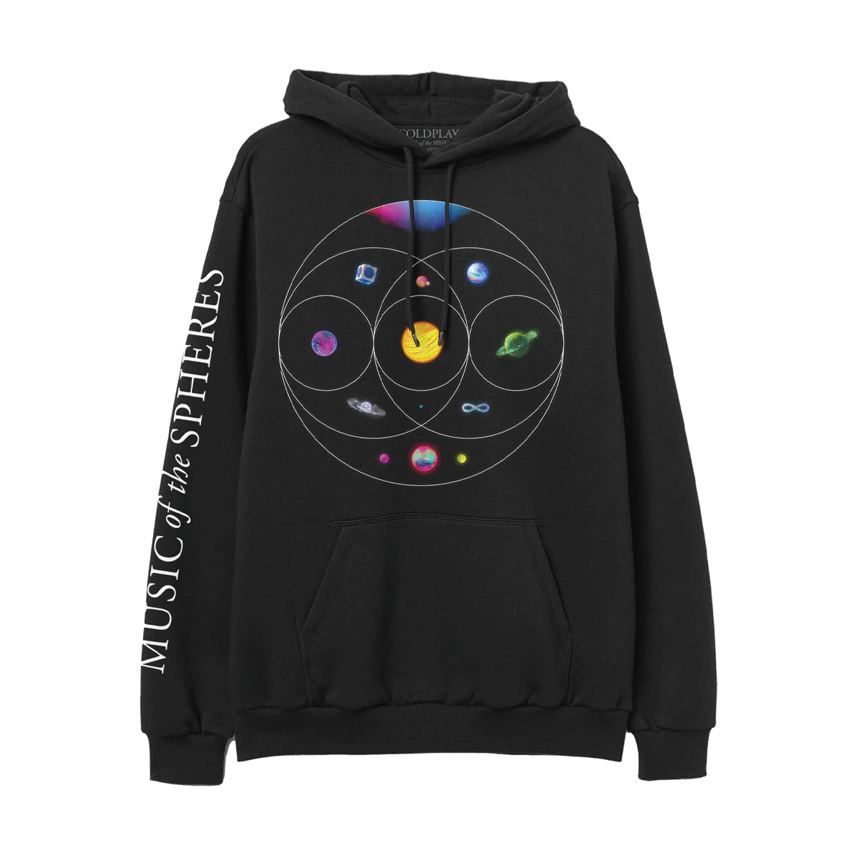 Front: 11planetsSitInsideEccentricCircles whichOverlapLike aVennDiagram: pink, blue, green&purple nebula. Green planet of flowers, turquoise rivers&foliage??golden star-like sphere, with solar flares&Orange lava. Planet of darkBlue, magenta&white ocean waves. Blue circuit board planet in shinySilver cube. One of purple&indigo swirls. One as a purple, blue&green??Blue&purple planet. Pink sphere with orange crater&green moon. Blue opal with??&pink, blue, purple&green planet with pink&yellow neon moons