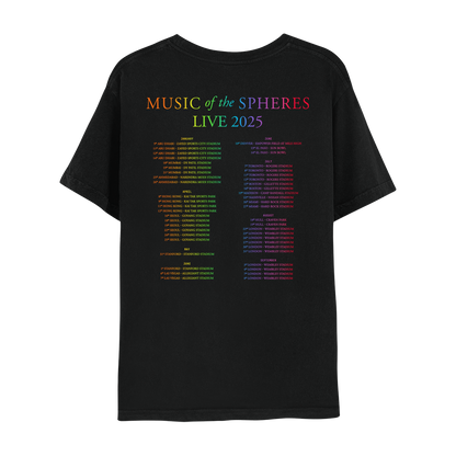 Back: MUSIC OF THE SPHERES and 2025 tour dates, cities and stadiums, in a neon colors gradient of violet, blue, green, yellow, orange, and pink fuchsia. WORLD TOUR 2025, in violet, blue, green, yellow, orange, and pink fuchsia. The dates go from January to September, organized in 3 columns