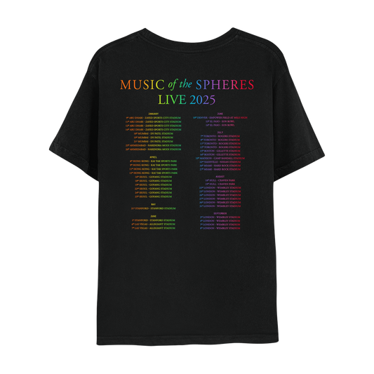 Back: MUSIC OF THE SPHERES and 2025 tour dates, cities and stadiums, in a neon colors gradient of violet, blue, green, yellow, orange, and pink fuchsia. WORLD TOUR 2025, in violet, blue, green, yellow, orange, and pink fuchsia. The dates go from January to September, organized in 3 columns