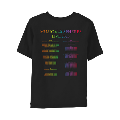 Back: MUSIC OF THE SPHERES and 2025 tour dates, cities and stadiums, in a neon colors gradient of violet, blue, green, yellow, orange, and pink fuchsia. WORLD TOUR 2025, in violet, blue, green, yellow, orange, and pink fuchsia. The dates go from January to September, organized in 3 columns