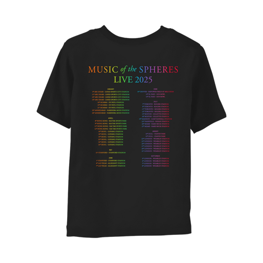 Back: MUSIC OF THE SPHERES and 2025 tour dates, cities and stadiums, in a neon colors gradient of violet, blue, green, yellow, orange, and pink fuchsia. WORLD TOUR 2025, in violet, blue, green, yellow, orange, and pink fuchsia. The dates go from January to September, organized in 3 columns